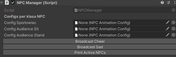 NPC Manager Inspector - three config slots for Sportowiec, Audience Sit and Audience Stand with broadcast buttons